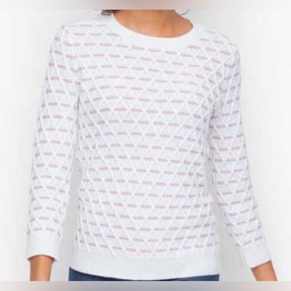 Talbots Pink and White Diamond Pattern Geometric Cotton & Linen Sweater, L
